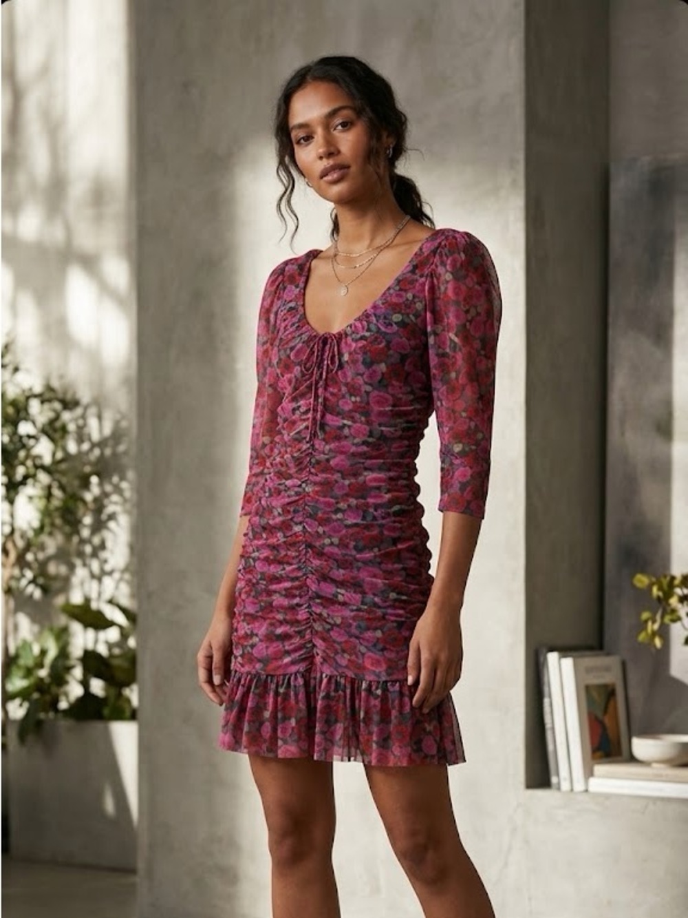 NWOT Ganni Fiji Flower Printed Ruched Mesh Mini Dress Size 36 (US 4)